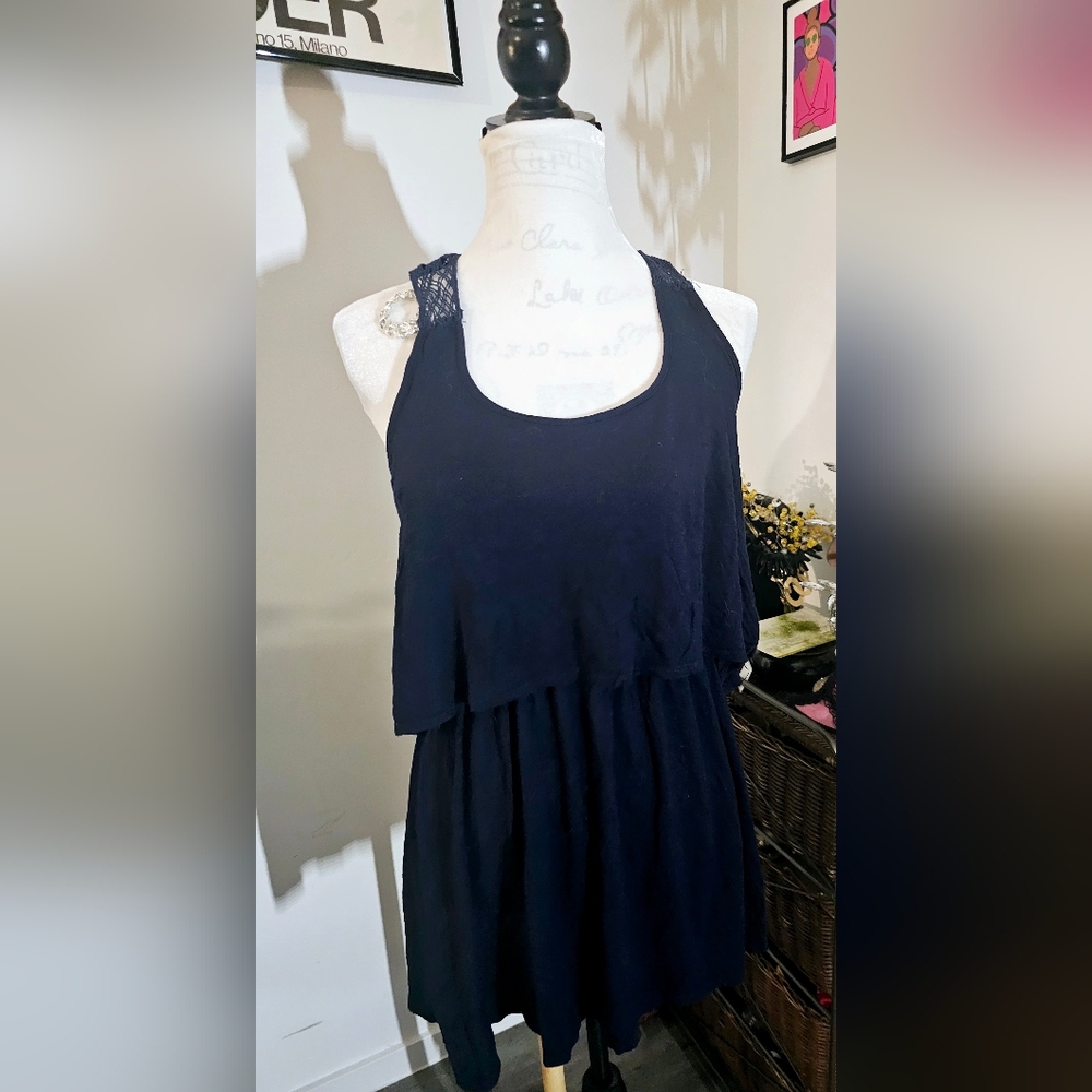 Miss Daisy Women's size large dark blue midi mini crop shift dress lace back